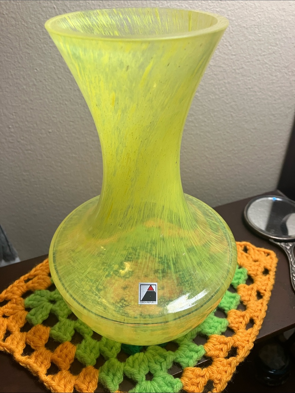 "Vintage Czech Republic Art Glass Vase Yellow White Swirl Spatter Satin.